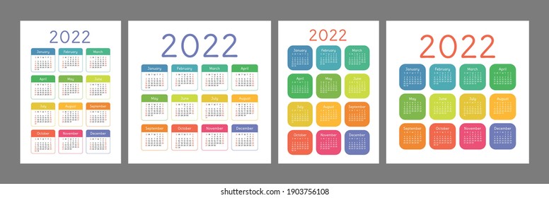 Pocket calendar 2022 year. Portrait orientation. English colorful vector set. Vertical and square template. Design collection. Week starts on Sunday