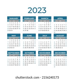 Pocket calendar 2023. English vector square wall or pocket calender template. New year. Week starts on Sunday