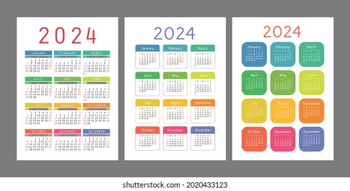 Pocket calendar 2024 year. Portrait orientation. English colorful vector set. Vertical template. Design collection. Week starts on Sunday