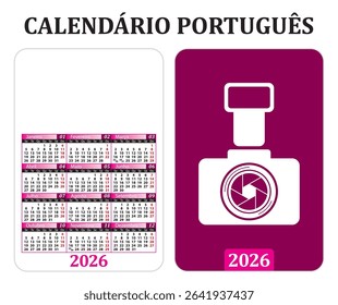 Pocket Calendar for 2026 in Portuguese, with space for publicity and image