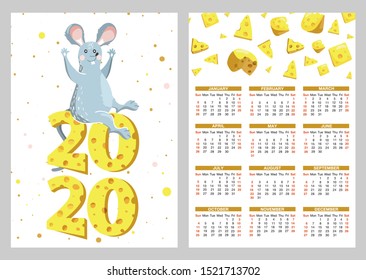 Pocket calendar with illustrations of funny mouse and cheese. Rat is symbol of the 2020 year Chinese calendar. Vector illustration.