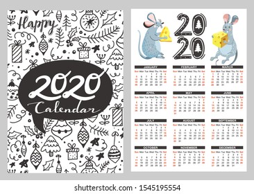 Pocket calendar with illustrations of funny mouse, cheese and doodle elements. Rat is symbol of the 2020 year Chinese calendar. Vector illustration.