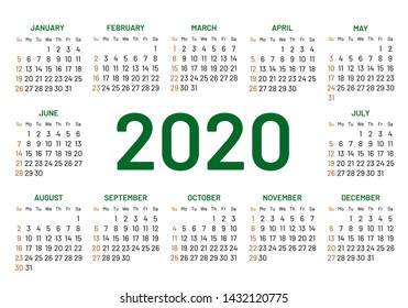Pocket calendar layout for 2020 year. English template with dates grid on white background. Week starts from Sunday. Horizontal annual calendar vector design for time organization and planning