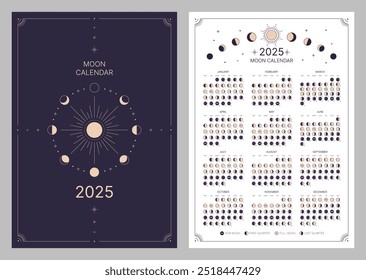 Pocket calendar of moon phase for 2025, lunar cycle planner template. Lunar phase calendar, astrological moon phases calendar banner, poster on dark night and white background vector illustration