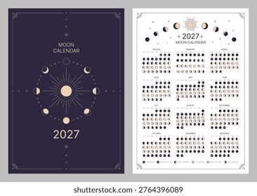 Pocket calendar of moon phase for 2027, lunar cycle planner template. Lunar phase calendar, astrological moon phases calendar banner, poster on dark night and white background vector illustration
