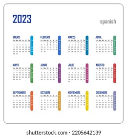 Pocket calendar on 2023 year, Spanish. Color square calendar. Week starts from Monday. Vector template for business.