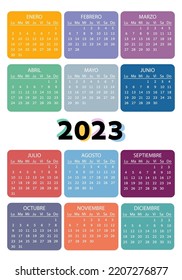 Pocket calendar on 2023 year, Spanish. Color vertical calendar. Week starts from Monday. Vector template for business.