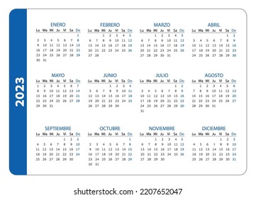 Pocket calendar on 2023 year, Spanish. Blue horizontal calendar. Week starts from Monday. Vector template for business.