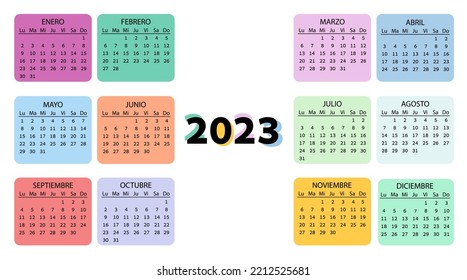 Pocket calendar on 2023 year, Spanish. Color horizontal calendar. Week starts from Monday. Vector template for business.