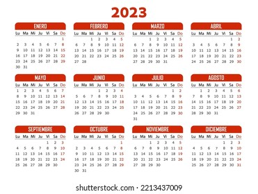 Pocket calendar on 2023 year, Spanish. Red horizontal calendar. Week starts from Monday. Vector template for business.