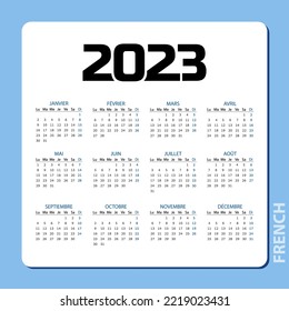 Pocket calendar on 2023 year, in French. Blue horizontal calendar. Week starts from Monday. Vector template for business. 