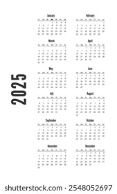  Calendario de bolsillo en el año 2025. Calendario de la Plantilla del Vector para el negocio en el fondo blanco. La semana comienza a partir del domingo.