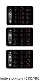 Pocket calendar set. 2018, 2019 and 2020 years. Black design template. Vector illustration.