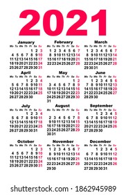 Plantilla de calendario de bolsillo 2021. Cuadrícula vertical del primer día del lunes. Isolación en ilustración vectorial blanca
