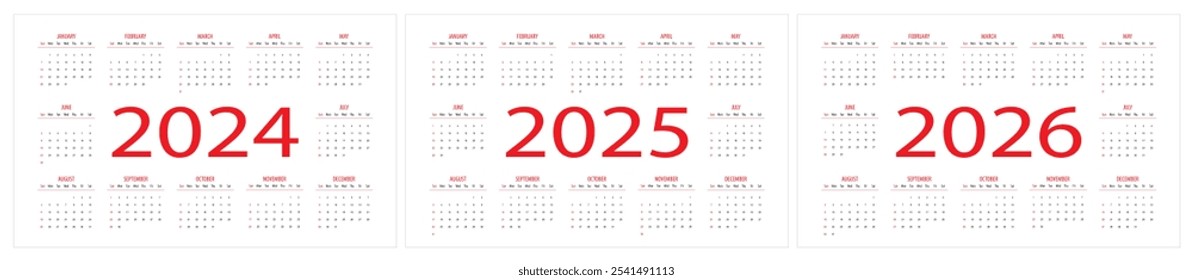 Calendarios de bolsillo para 2024 2025 2026, la semana comienza desde el domingo, Ilustración vectorial