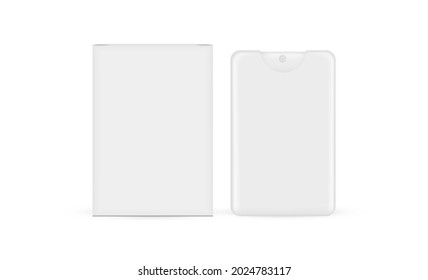 Pocket Card Spray Bottle with Paper Box Mockup Isolated on White Background. Vector Illustration