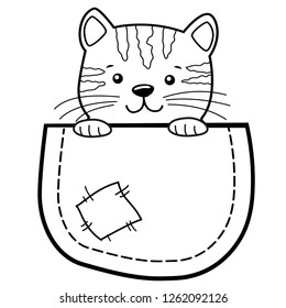 Pocket Cat. Childish print with kitty for t-shirt. Black and white vector illustration for coloring book