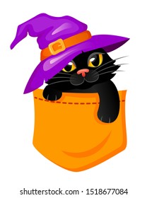 Pocket Cat in a witch hat. Halloween print with kitty for t-shirt svg