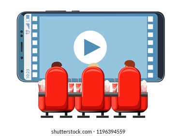 Pocket cinema concept design. Digital colorful film strip with play icon on smartphone display. Vector illustration on white background. Web site page and mobile app design.