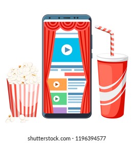 Pocket cinema concept design. Digital colorful film strip with play icon on smartphone display. Vector illustration isolated on white background.