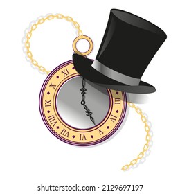 Pocket clock and hat. Alice in wonderland. 