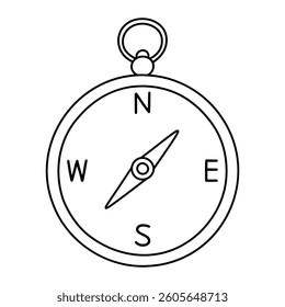 Pocket compass vector illustration. Hand-drawn navigation tool in doodle style. Black line art isolated on white background.