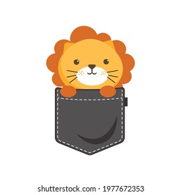 Pocket Cute Lion . Cute print with Lion Baby for t-shirt design, baby shower, greeting card. Vector Illustration.
