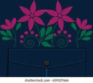 Pocket decor in small wild flowers. Vector imitation of embroidery. Country style. Floral background for textile, wallpaper, covers, surface, print, gift wrap, scrapbooking, decoupage.