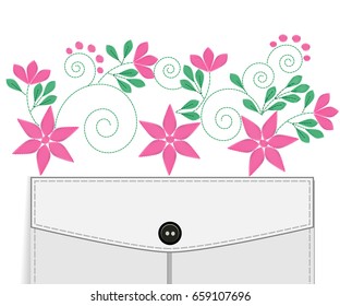 Pocket decor in small wild flowers. Vector imitation of embroidery. Country style. Floral background for textile, wallpaper, covers, surface, print, gift wrap, scrapbooking, decoupage.