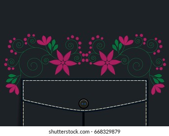 Pocket decor in small wild flowers. Vector imitation of embroidery. Country style. Flower background for textile, wallpaper, covers, surface, print, gift wrap, scrapbooking, decoupage.