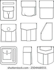 Pocket designs for clothes, cargo pocket, flap pocket, pocket vector illustrations