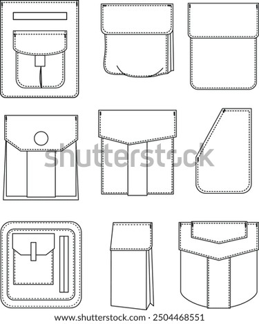 Pocket designs for clothes, cargo pocket, flap pocket, pocket vector illustrations