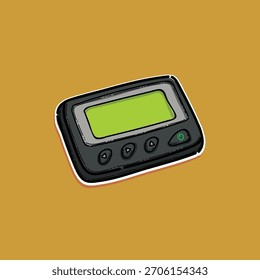 Buscador digital de bolsillo o un dispositivo de buscapersonas aislado en fondo naranja, los buscapersonas de una sola vía solo pueden recibir mensajes. Dispositivo de telecomunicación retro de los años 90