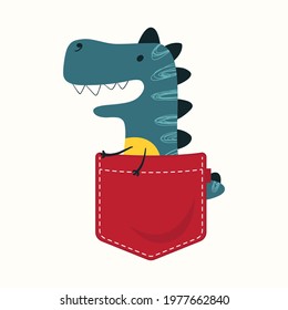 Pocket Dinosaur. Cute print with dino for t-shirt design, baby shower, greeting card. Vector Illustration.
