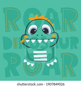 Pocket dinosaur on green background illustration vector, T-shirt design for kids.