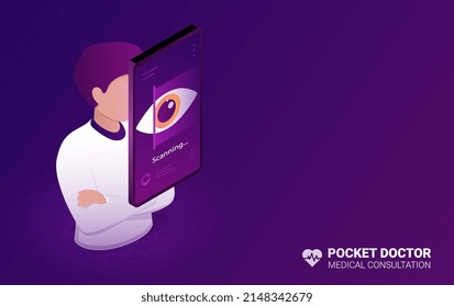 Pocket doctor concept. App for diagnosing and choosing treatment method. Man on smartphone scans pupil, eye examination, modern technology and digital world. Cartoon isometric vector illustration