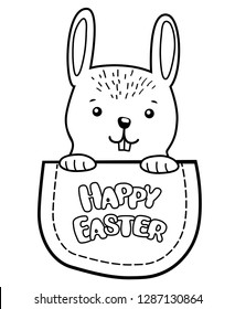 Pocket Easter bunny. Childish print with kitty for t-shirt. Black and white vector illustration for coloring book