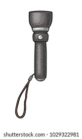 Pocket electric touristic flashlight with strap. Isolated on white background. Vintage vector color engraving illustration for celebration, poster, web. Hand drawn design element for label and poster