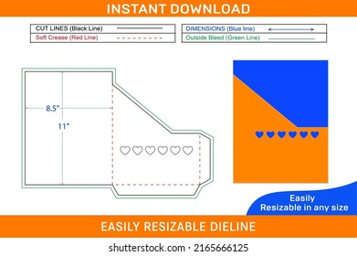 Pocket envelope 8.5x11 inch dieline template with Heart shape transparent window cut 