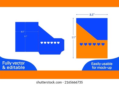 Pocket envelope 8.5x11 inch dieline template with Heart shape transparent window cut 