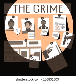 Pocket flashlight illuminates detective board.
Crime investigation concept. Bright light. Flat style vector illustration.
