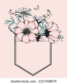 Pocket with flowers. Vector illustration. Print for t shirt.