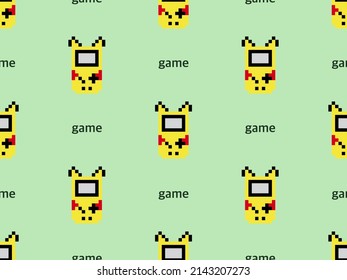Pocket game cartoon character seamless pattern on green background.Pixel style