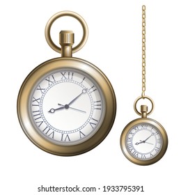 Pocket gold vintage watch with chain on white background