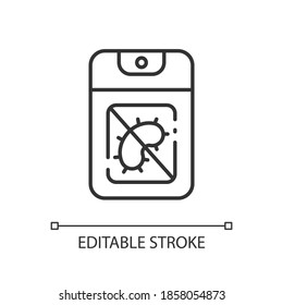Pocket hand sanitizer linear icon. Disinfectant fluid wash in tube for personal hygiene. Thin line customizable illustration. Contour symbol. Vector isolated outline drawing. Editable stroke