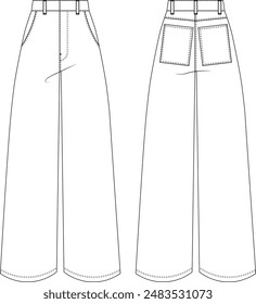 con bolsillo de alta altura de cintura alta de pierna ancha pantalón de pantalón marinero denim jean dibujo técnico dibujo plano maqueta cad Plantilla mujer diseño estilo modelo 