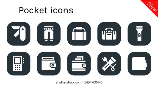 pocket icon set. 10 filled pocket icons.  Simple modern icons about  - Pocket knife, Sweatpants, Gym bag, Sport bag, Flashlight, Dictaphone, Wallet