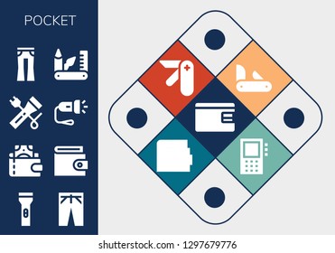  pocket icon set. 13 filled pocket icons. Simple modern icons about  - Billfold, Flashlight, Trousers, Wallet, Jeans, Swiss army knife, Penknife, Pocket knife, Dictaphone