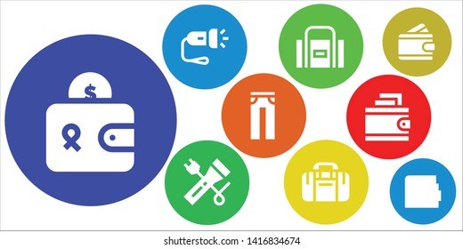 pocket icon set. 9 filled pocket icons.  Simple modern icons about  - Wallet, Flashlight, Sport bag, Jeans