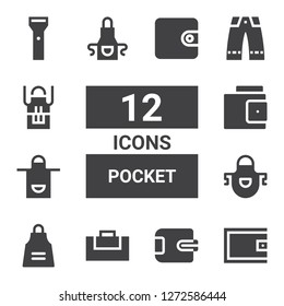 pocket icon set. Collection of 12 filled pocket icons included Wallet, Gym bag, Apron, Trousers, Flashlight